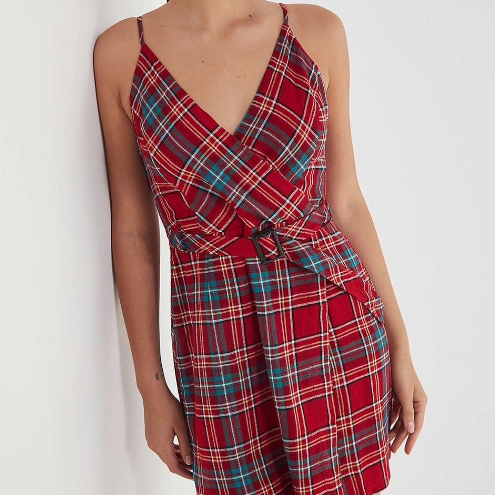 Red Plaid Linen Belted Wrap Dress